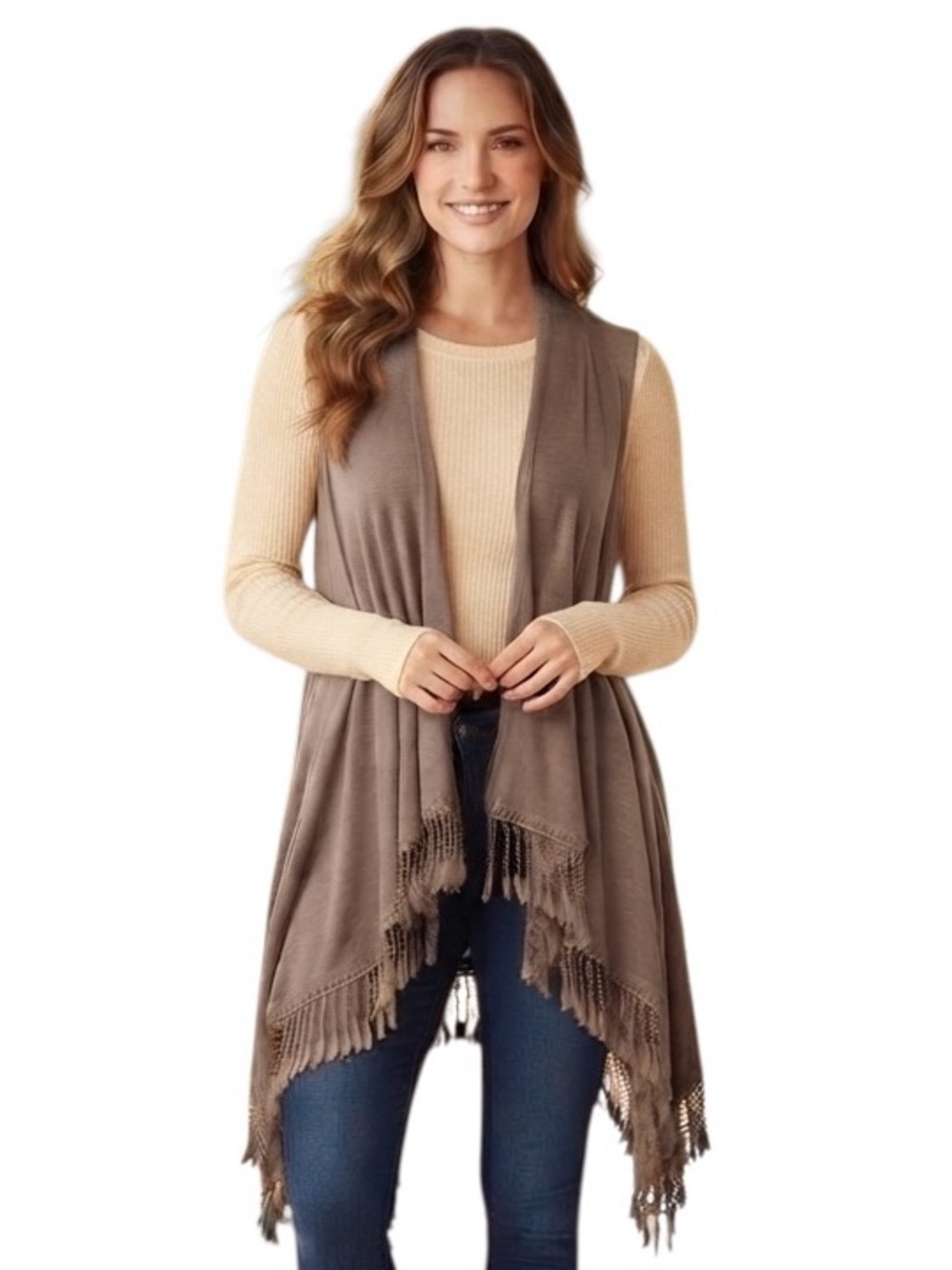 inSeparable Boho Fringe Open Front Sleeveless Topper Vest Taupe Brown Size L
